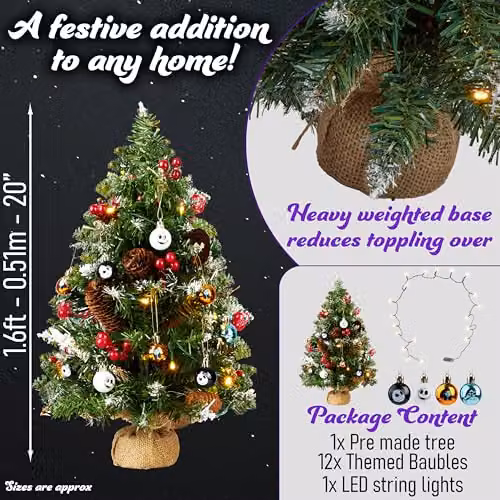 Disney Nightmare Before Christmas Tabletop Christmas Tree with 12 Baubles and LED White String Lights in Multi Colour – 6