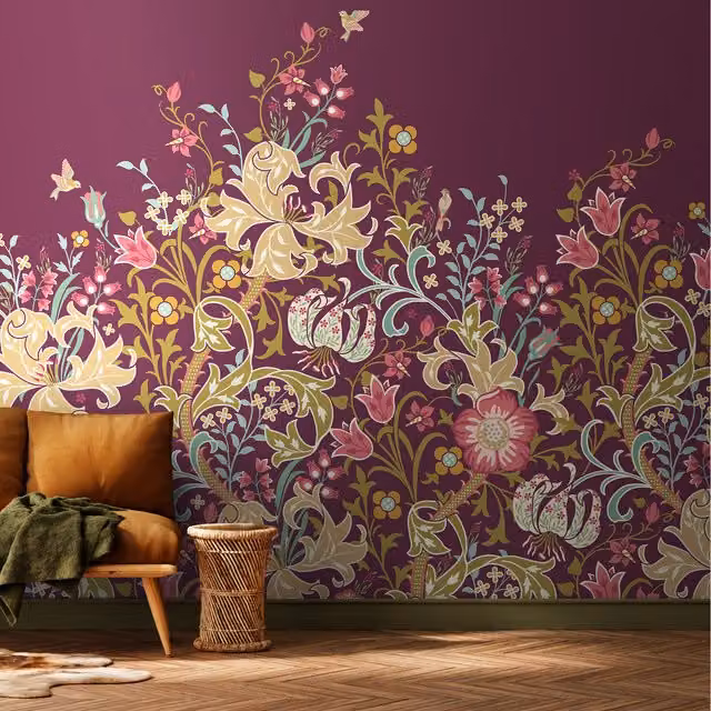 Origin Murals Trailing Lily Art Nouveau Floral Wall Mural in Purple, Width: 300 cm