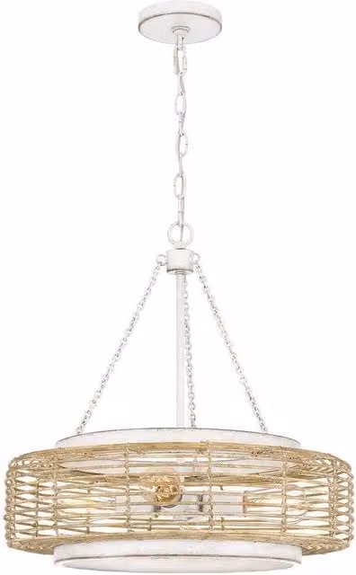 Quoizel Waylon Cylindrical Rattan Pendant Light in White and Wood with 4x E27 Sockets