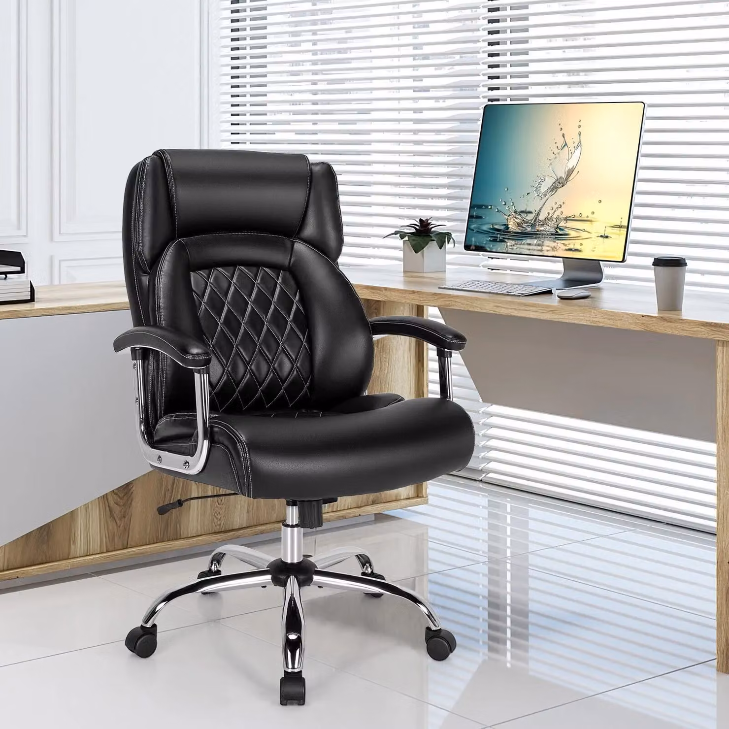 Costway Modern Executive Office Chair in Black with PU Leather Upholstery and Headrest – 4