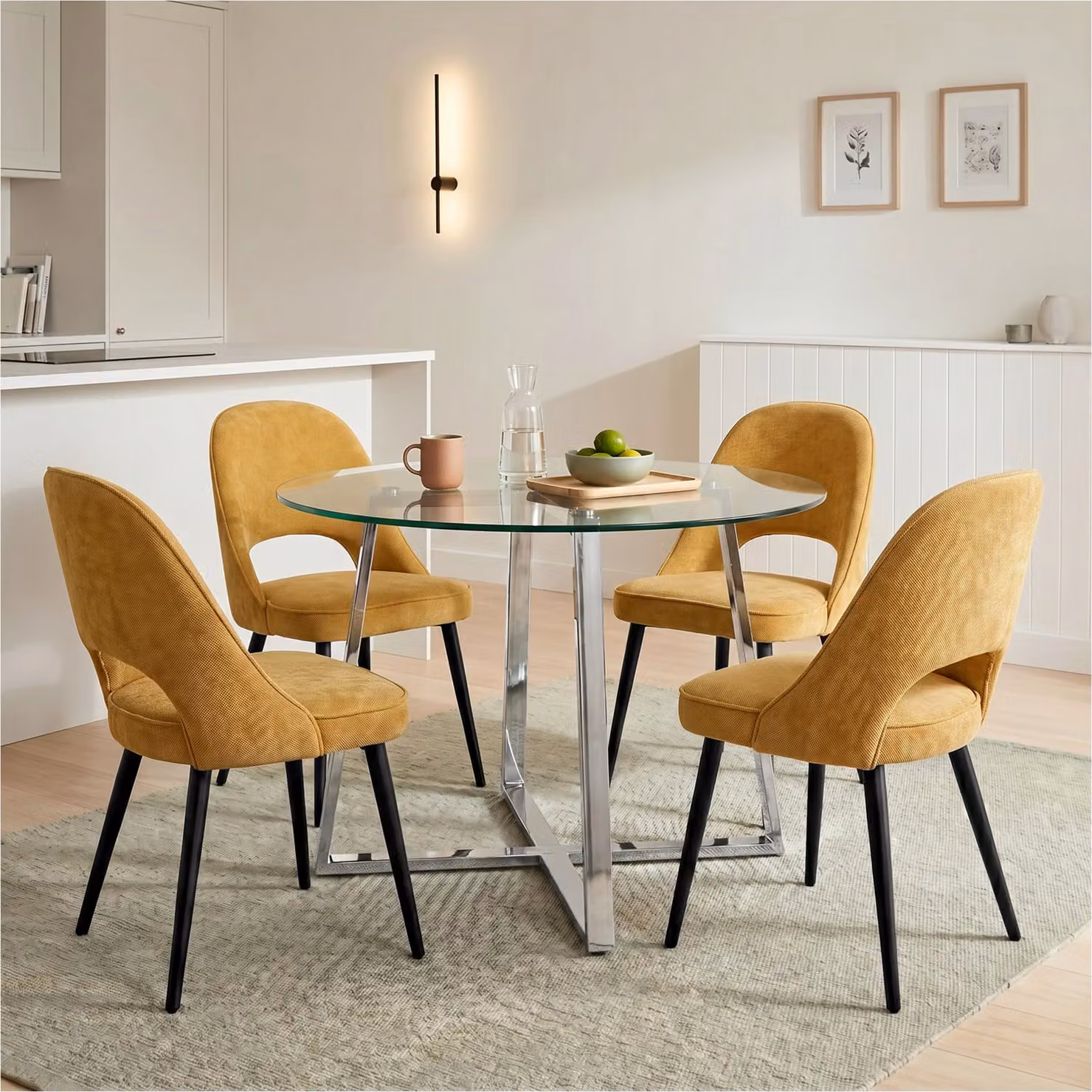 DHS Modern Glass Round Dining Table Set with 4 Yellow Upholstered Chairs, Diameter: 110 cm