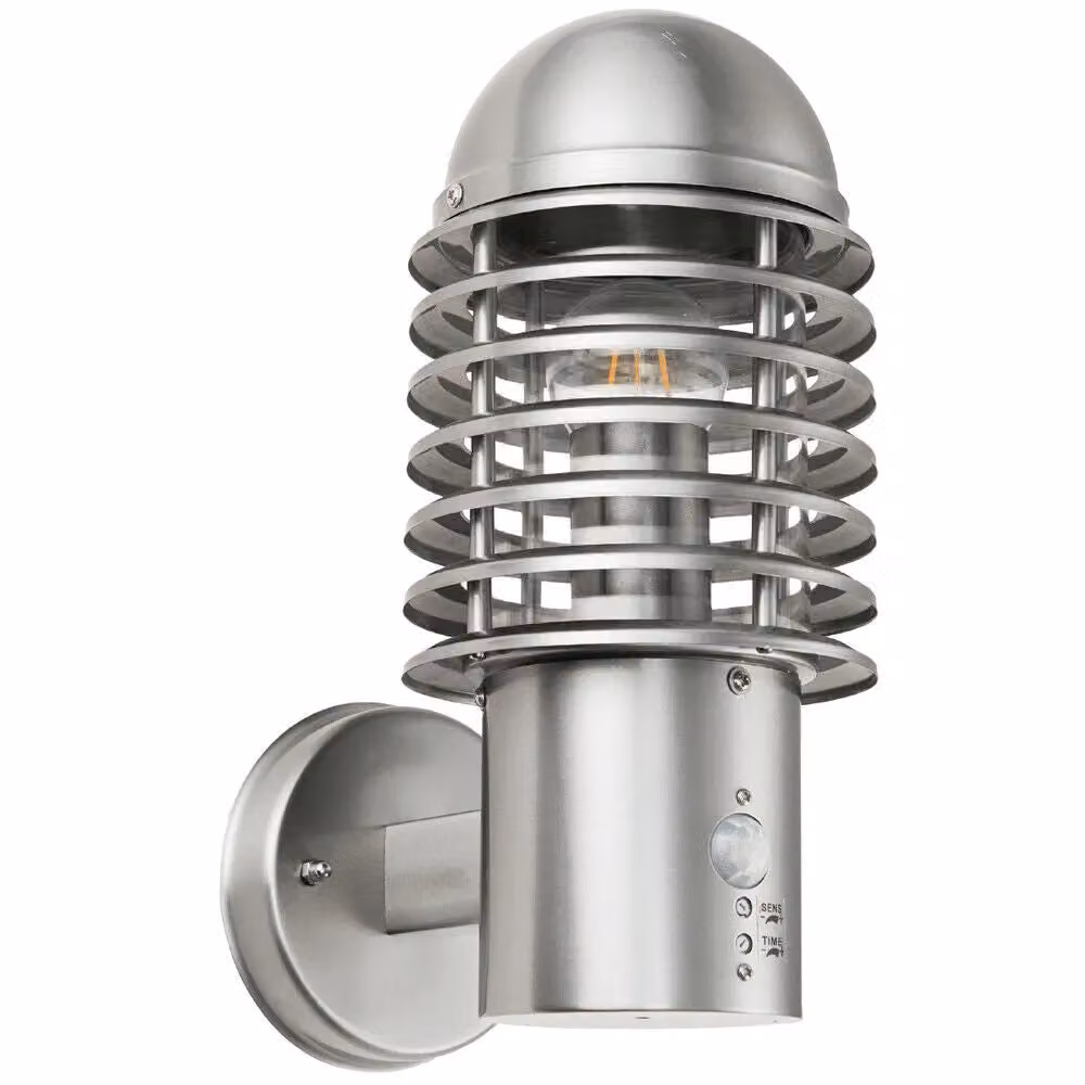 Loops 2 Pack IP44 Outdoor Caged Lantern Wall Lamps in Silver Stainless Steel with Motion and Dusk Sensors – 2