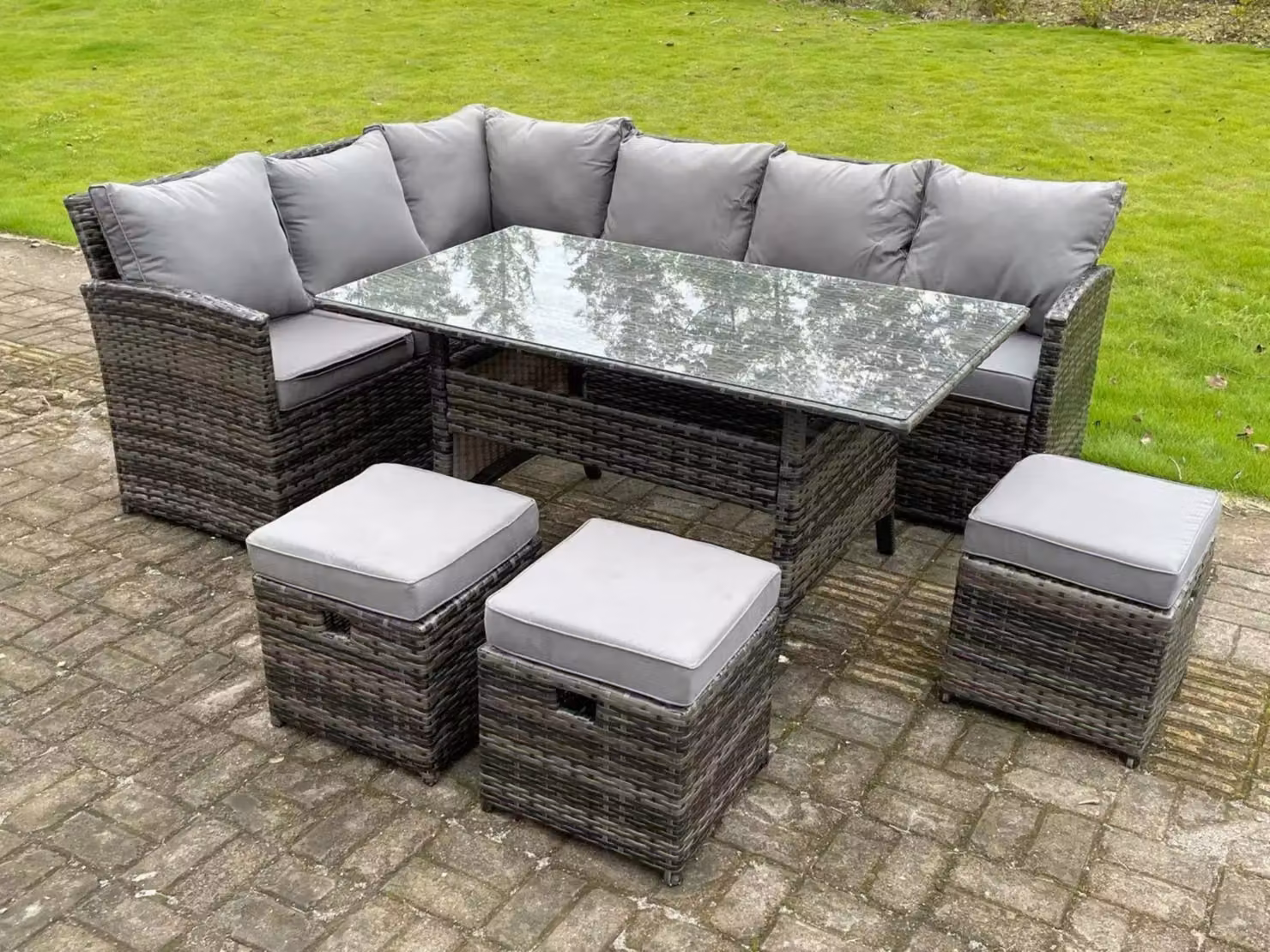 Fimous 9 Seater Rattan Garden Furniture Corner Sofa Dining Set with 3 Stools in Dark Grey – 2