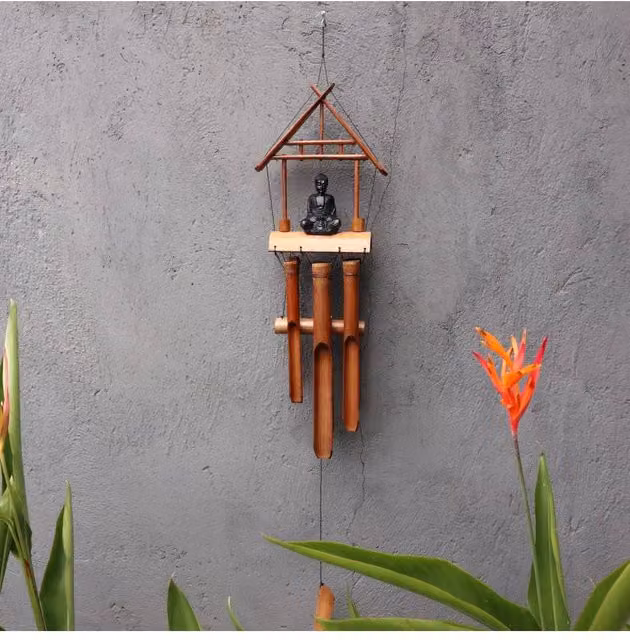 KDMD Handcrafted Bamboo Windchime with Black Buddha in Brown – 1