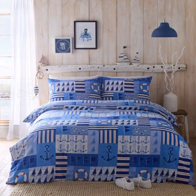Portfolio Home Regatta Nautical Reversible Duvet Cover and Pillowcase Set in Blue, W/D/H: 200 x 200 cm with Pillowcase 50 x 70 cm