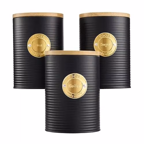 Cooks Professional 5 Piece Ribbed Stainless Steel Kitchen Storage Canister Set with Airtight Bamboo Lids in Black and Gold – 5