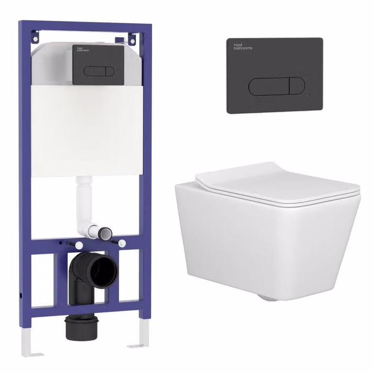 Royal Bathrooms Elena White Ceramic Wall Hung Rimless Toilet with Slim Soft Close Seat and Black Plate with Aqua Wall Hung Frame