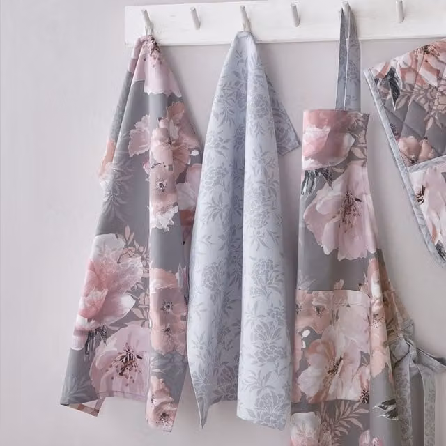 Catherine Lansfield Dramatic Floral Cotton Tea Towels, Set of 2, Grey