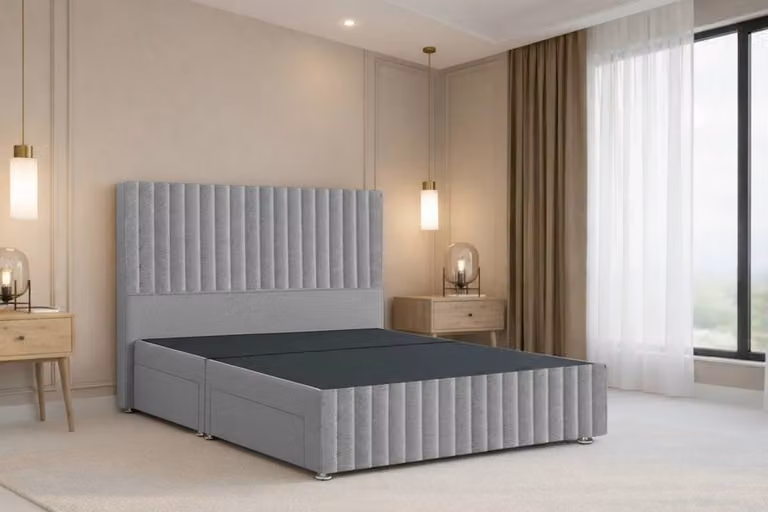 Nexus Mattresses Ltd Verona Plush Sprung Divan Set with 54 inch Headboard and Footboard in Silver Velvet, King Size W/D/H: 180 x 200 cm