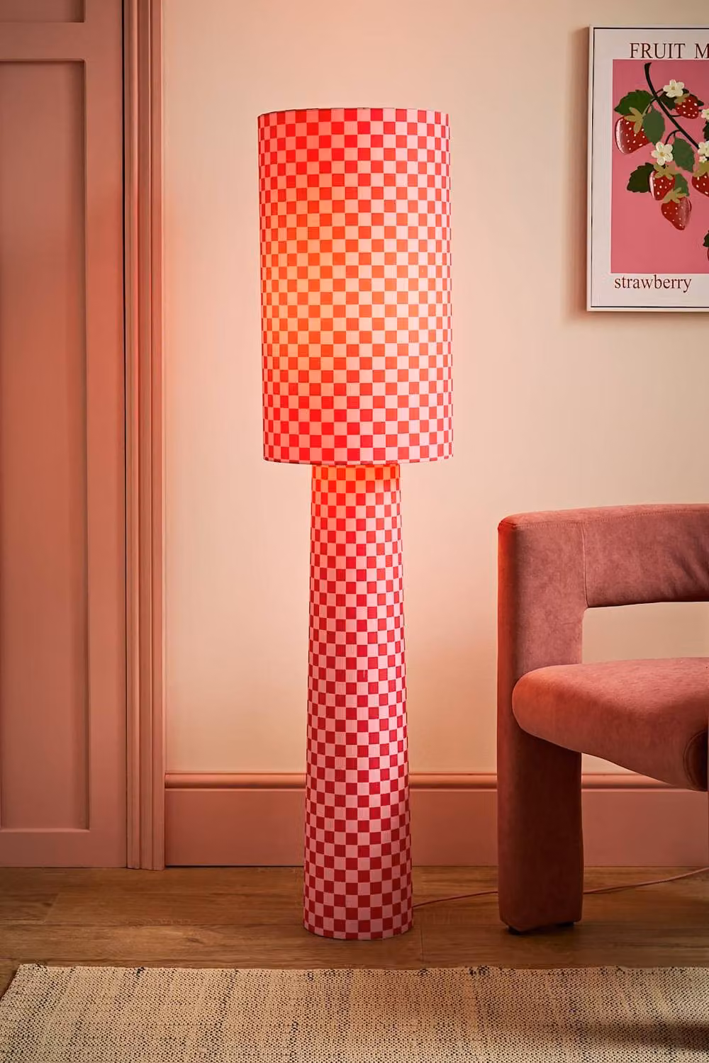 ValueLights Pritchard Pink and Red Checkerboard Fabric Midi Floor Lamp with LED Bulb – 2