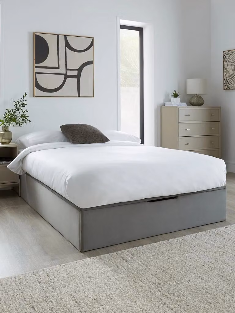 Duncan King Grey Upholstered Ottoman Bed with End Lift Storage