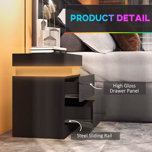 HOMCOM Set of 2 Modern High Gloss Bedside Tables with Integrated LED Lighting in Black – 7