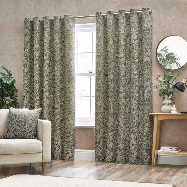 Wylder Nature Bali Botanical Jacquard Eyelet Curtains in Green, Width: 117 cm, Drop: 183 cm