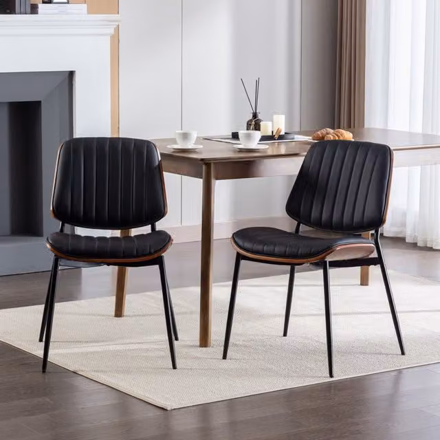 Set of 2 Modern Mid-Century Dining Chairs in Black Faux Leather with Walnut Wood and Metal Legs