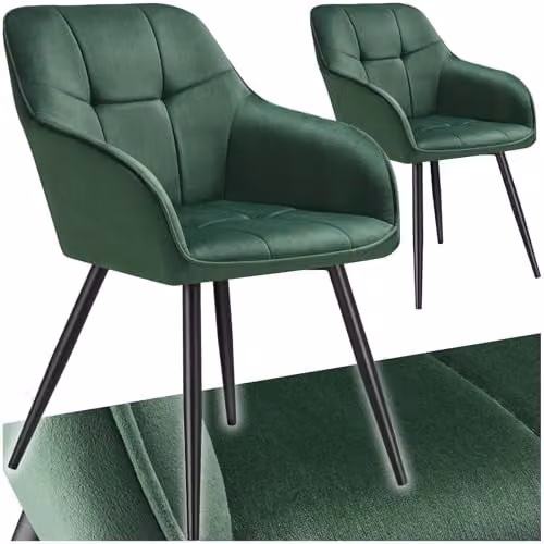 tectake Set of 2 Marilyn Dining Chairs with Velvet-Look Fabric and Geometric Pattern in Dark Green and Black