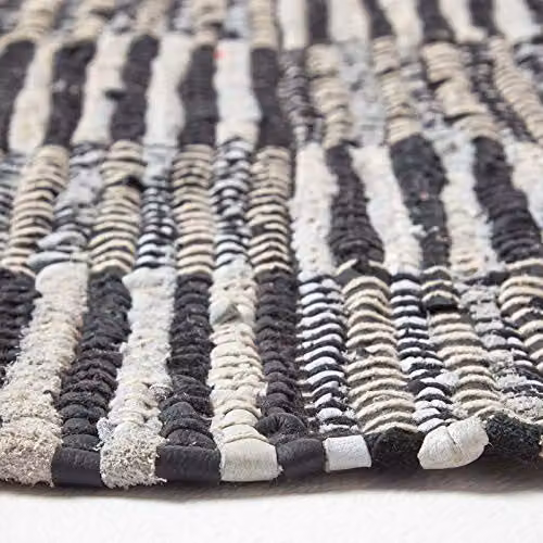 HOMESCAPES Black and White Genuine Leather Hall Runner, Handwoven Striped Block Check Rug with Fringes, W/D/H: 66 x 200 cm – 4