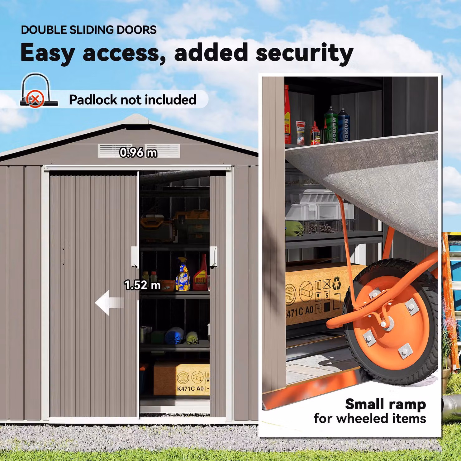 OUTSUNNY Grey Galvanised Steel Garden Shed Storage Unit with Locking Sliding Doors and Side Vent, H 185 cm x W 119 cm – 3