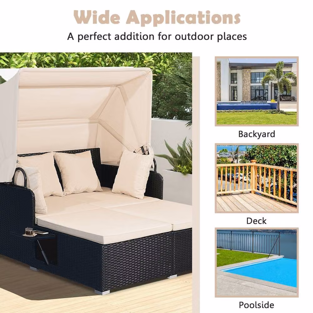 Costway Outdoor Hand-Woven PE Wicker Daybed Patio Loveseat Sofa Set with Sun Canopy and Side Tray in Beige – 3