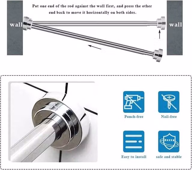 NESTLUNE 4-Piece Silver Stainless Steel Telescopic Shower Curtain Rails with Tension Clamp
