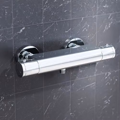 Nes Home Round Chrome Thermostatic Single Outlet Wall Mounted Shower Bar Valve in Silver