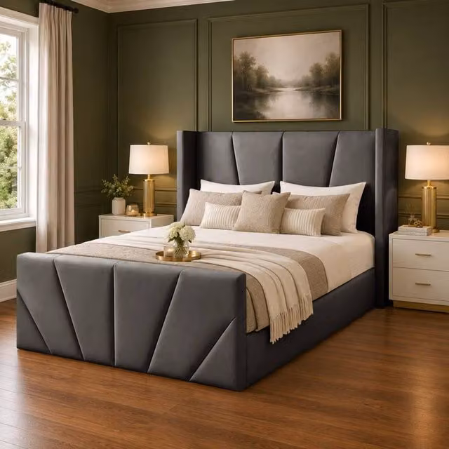 Desire Deco Carson Luxury Wingback Upholstered Bed Frame in Anthracite Grey, W/D/H: 90 x 190 cm – 1