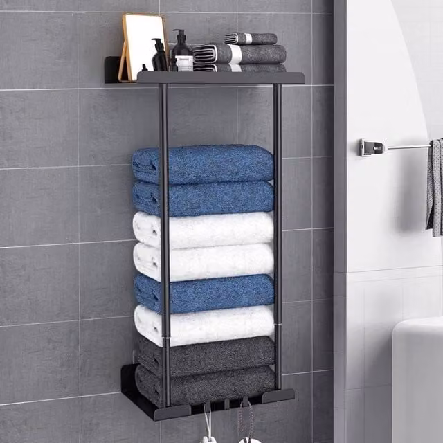 EONLION Black Metal Adjustable Tension Rod Towel Holder and Bathroom Storage Rack – 1