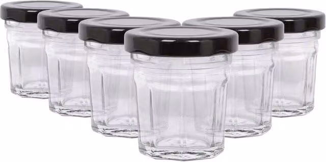 Argon Tableware Set of 6 Clear Glass Jam Jars with Black Metal Screw Lids, 30ml Each