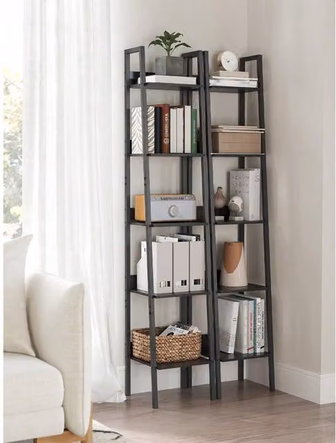VASAGLE 5-Tier Industrial Ladder Bookshelf in Black, W: 30 cm, D: 30 cm, H: 170 cm