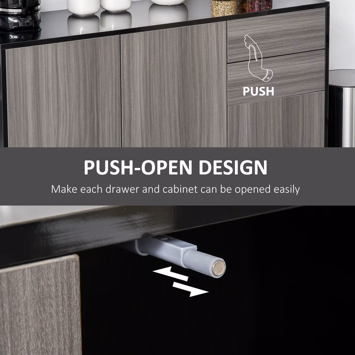 HOMCOM High Gloss Modern Sideboard with 2 Push-Open Drawers in Light Grey and Black – 5