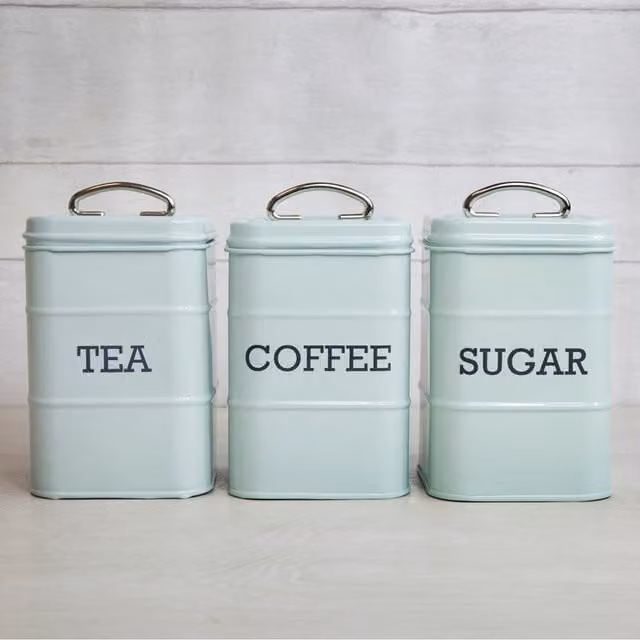 KitchenCraft Living Nostalgia Tea, Coffee and Sugar Canister Set in Blue and Cream Stainless Steel