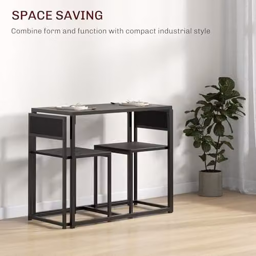 HOMCOM 3 Piece Industrial Dining Table and Chairs Set in Black and Brown – 3