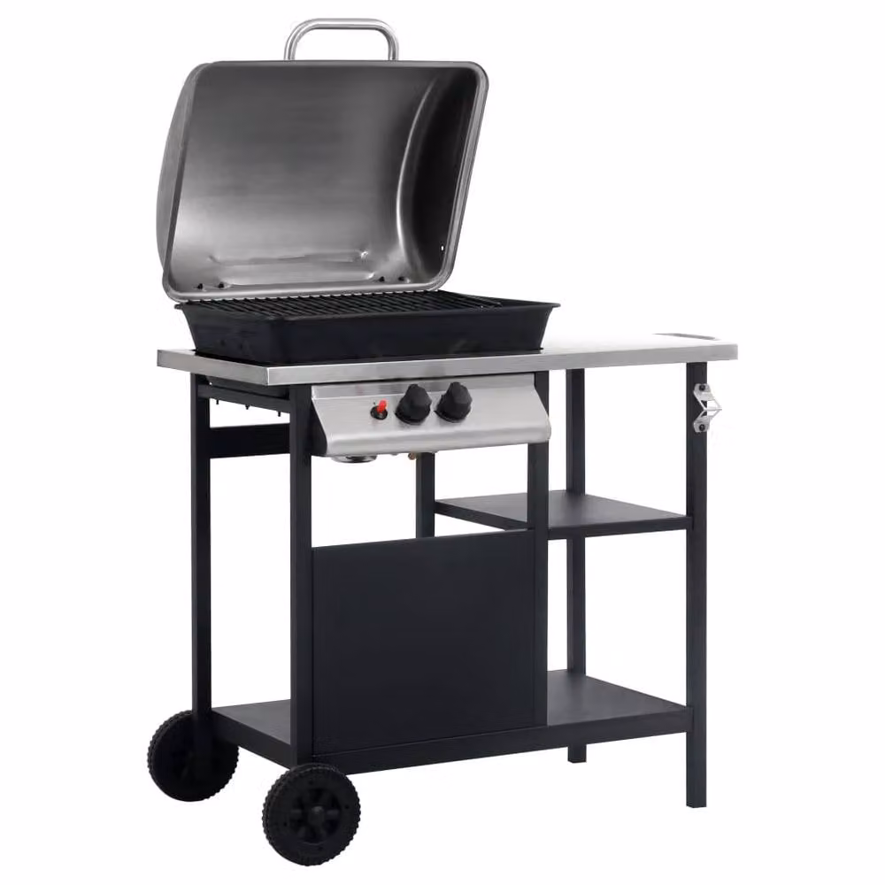 Berkfield Home Gas BBQ Grill with 3-Layer Side Table in Black and Silver – 3