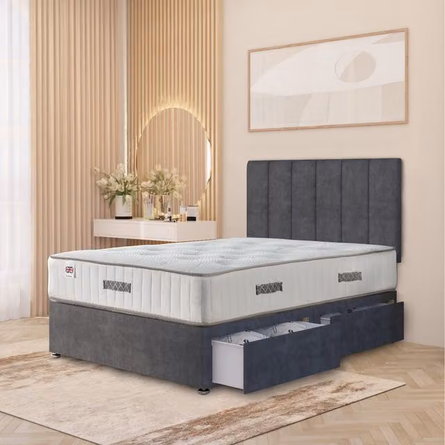Somnior Beds Ltd Austin Plush Velvet Orthopaedic Divan Bed Set with Hybrid Mattress, Headboard and Drawers, Anthracite Grey, W/D/H: 140 x 200 cm