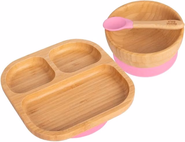 Tiny Dining Pink Bamboo and Silicone Suction Dinner Set for Babies
