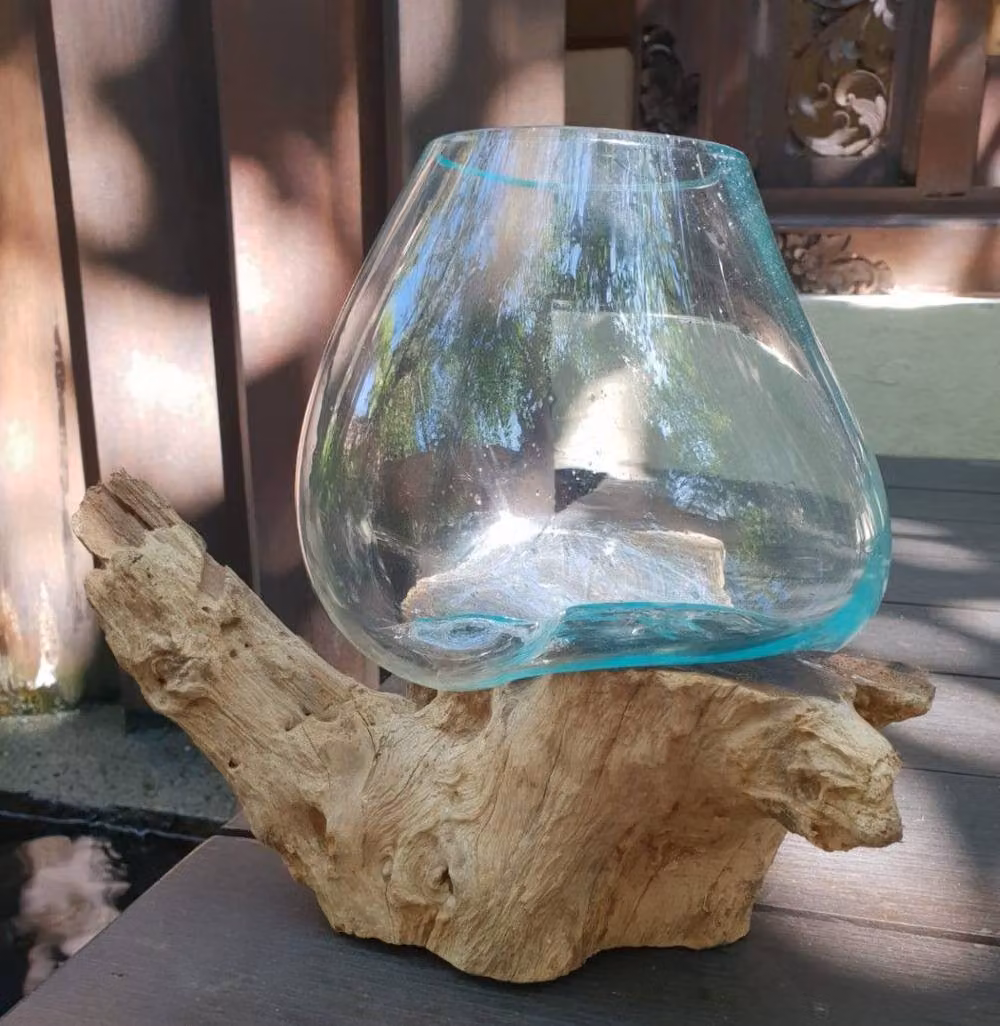 Serenityy Large Hand-Blown Molten Glass and Wood Bowl in Brown and Transparent, W/D/H: 22 x 22 x 18 cm – 2