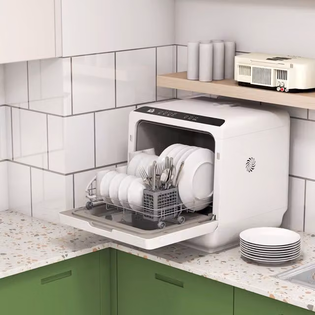 HOMCOM Countertop Dishwasher with 4 Place Settings and 6 Programs, White and Multicolour