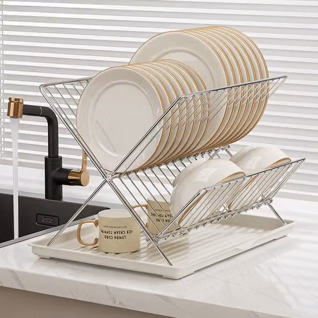 Lifeideas 2 Tier Foldable Metal Countertop Dish Drying Rack with Drip Tray, Silver and White