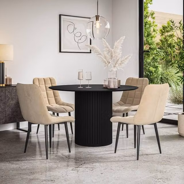 More4Homes Arlo Black Round Dining Table and Nova Beige Velvet Dining Chairs Set of 4, W: 120 cm, H: 75 cm