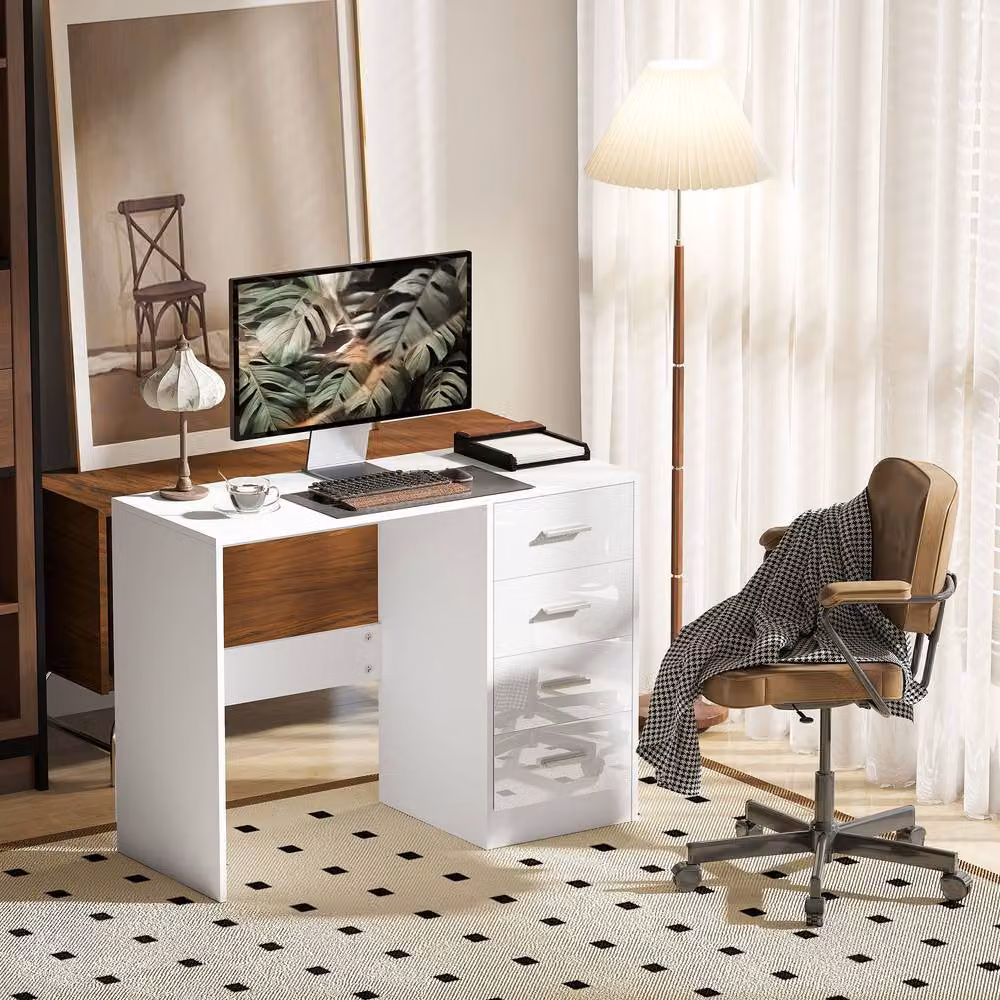 STILVORA Modern Writing Desk with Dual Pedestal and High Gloss White Finish – 2