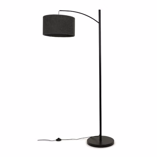 ValueLights Black Metal Curved Stem Floor Lamp with Charcoal Grey Boucle Shade and LED Bulb Included