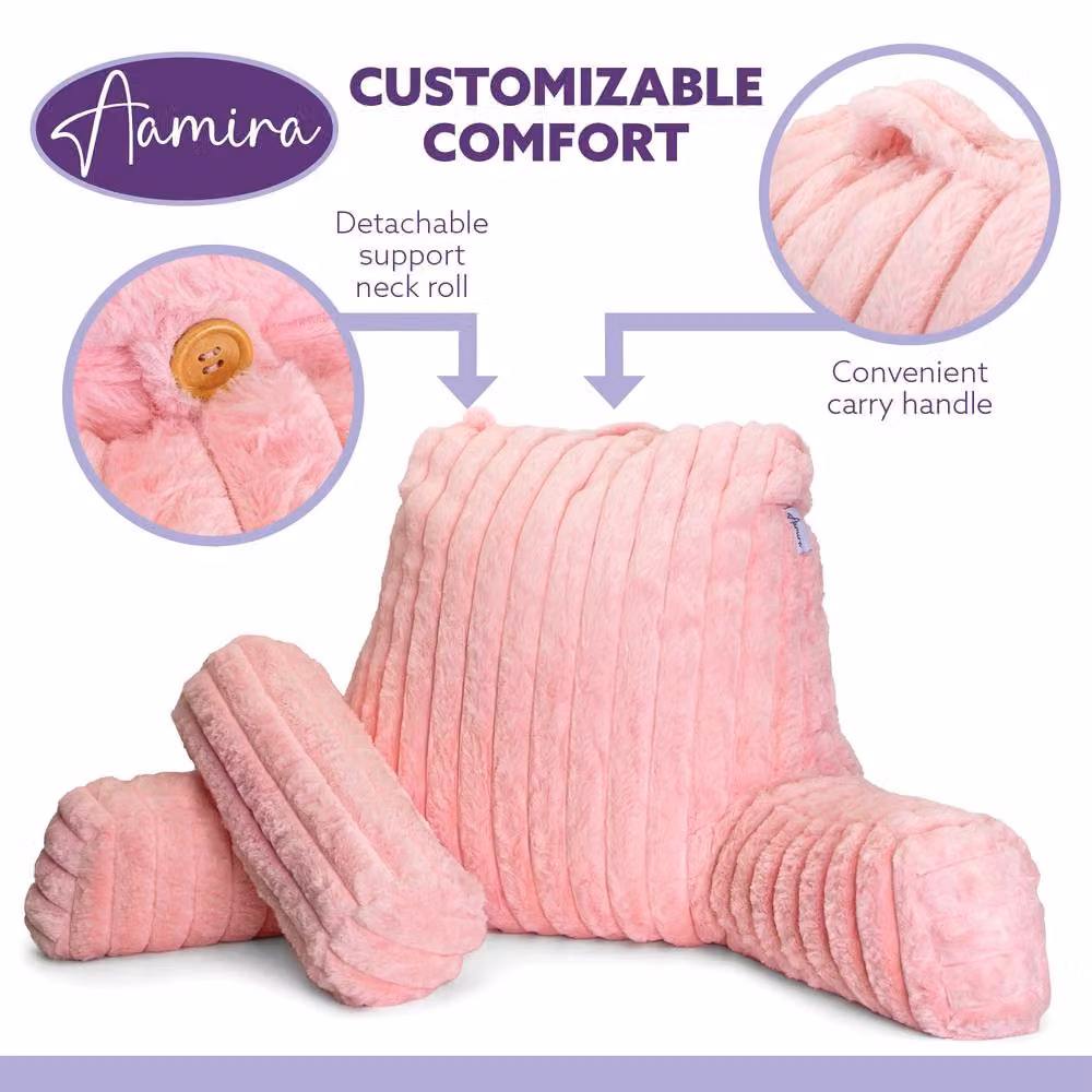 Aamira Pink Faux Fur Ribbed Memory Foam Reading Pillow Wedge Support Cushion – 4