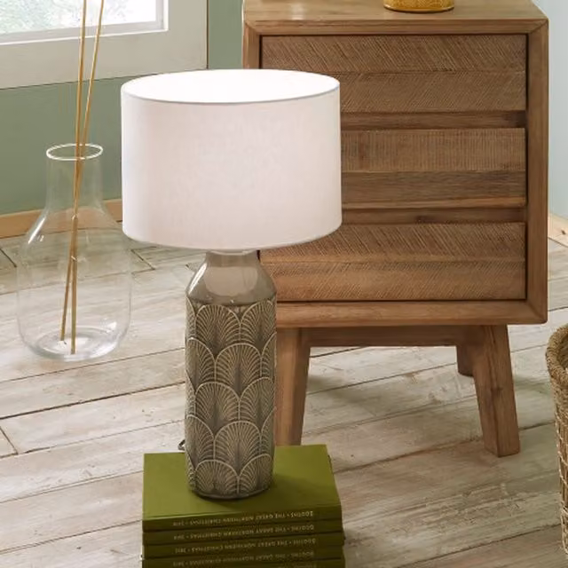 Pacific Lifestyle Art Deco Ceramic Table Lamp in Grey with White Fabric Shade