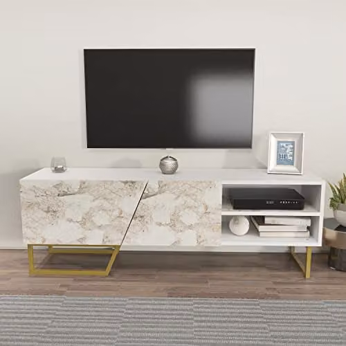 DECOROTIKA Densasse TV Stand for TVs up to 60 inch, White and Gold Modern TV Unit with Shelves and Cabinets, W/D/H: 150 x 35 x 50.5 cm – 1