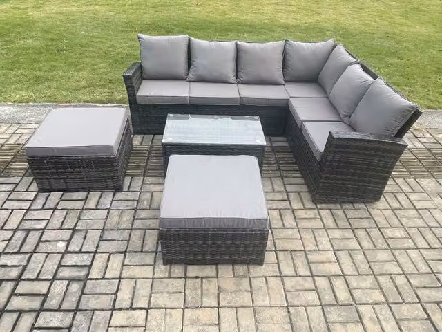 Fimous Wicker PE Outdoor Garden Furniture Set with High Back Rattan Corner Sofa, Rectangular Coffee Table and 2 Ottomans in Dark Grey