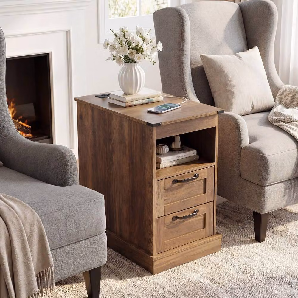 VOGREX Brown Farmhouse Charging Station Nightstand with Grommet and Media Compartments – 2