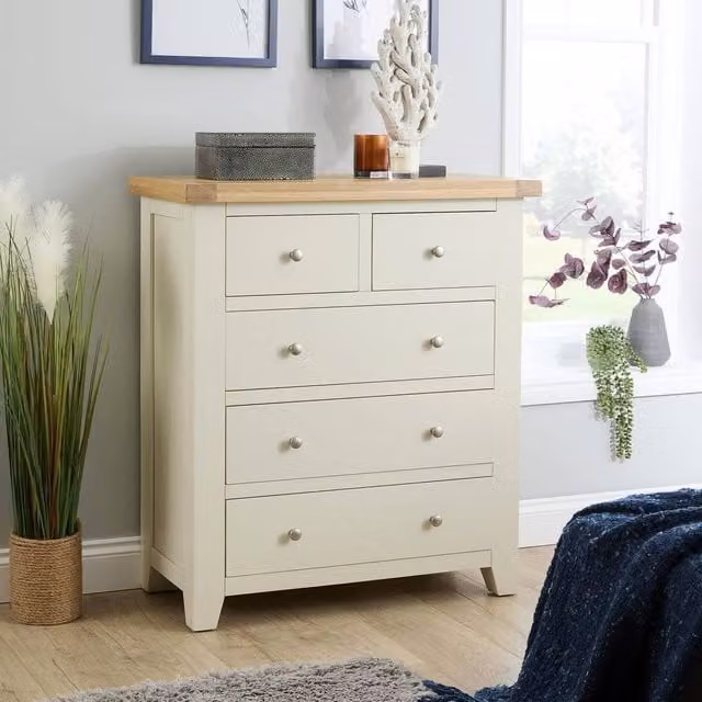 Home Source Solid Wood 5 Drawer Bedroom Clothing Storage Organiser in White, W/D/H: 96 x 40 x 85 cm – 1