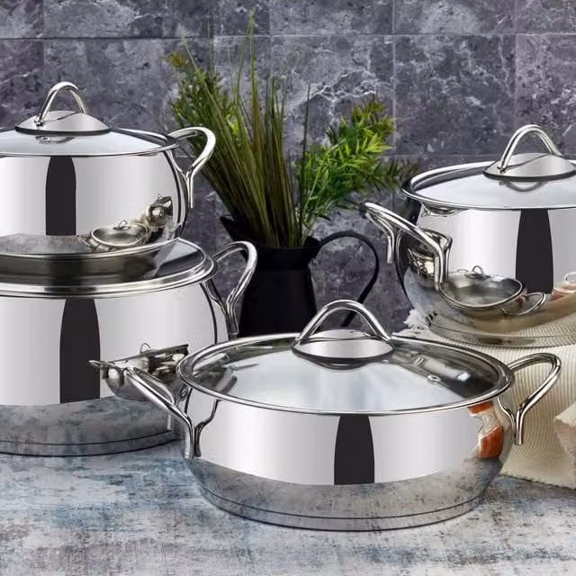 Evimsaray Sevval Series 8-Piece Stainless Steel and Glass Cookware Set, Silver – 1
