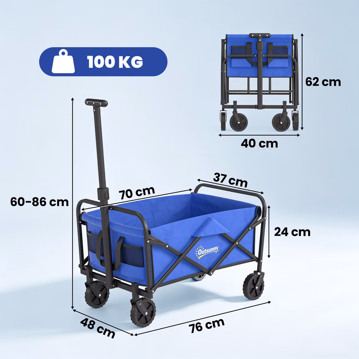 Outsunny 62L Festival Trolley on Wheels, Heavy Duty Collapsible Garden Folding Wagon with Adjustable Handle and Carrying Bag, Blue – 3