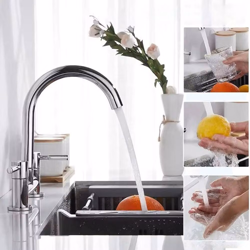 VOGREX Dual Lever Chrome Kitchen Mixer Tap in Silver, H 29.5 cm x W 17.0 cm x D 16.0 cm – 3
