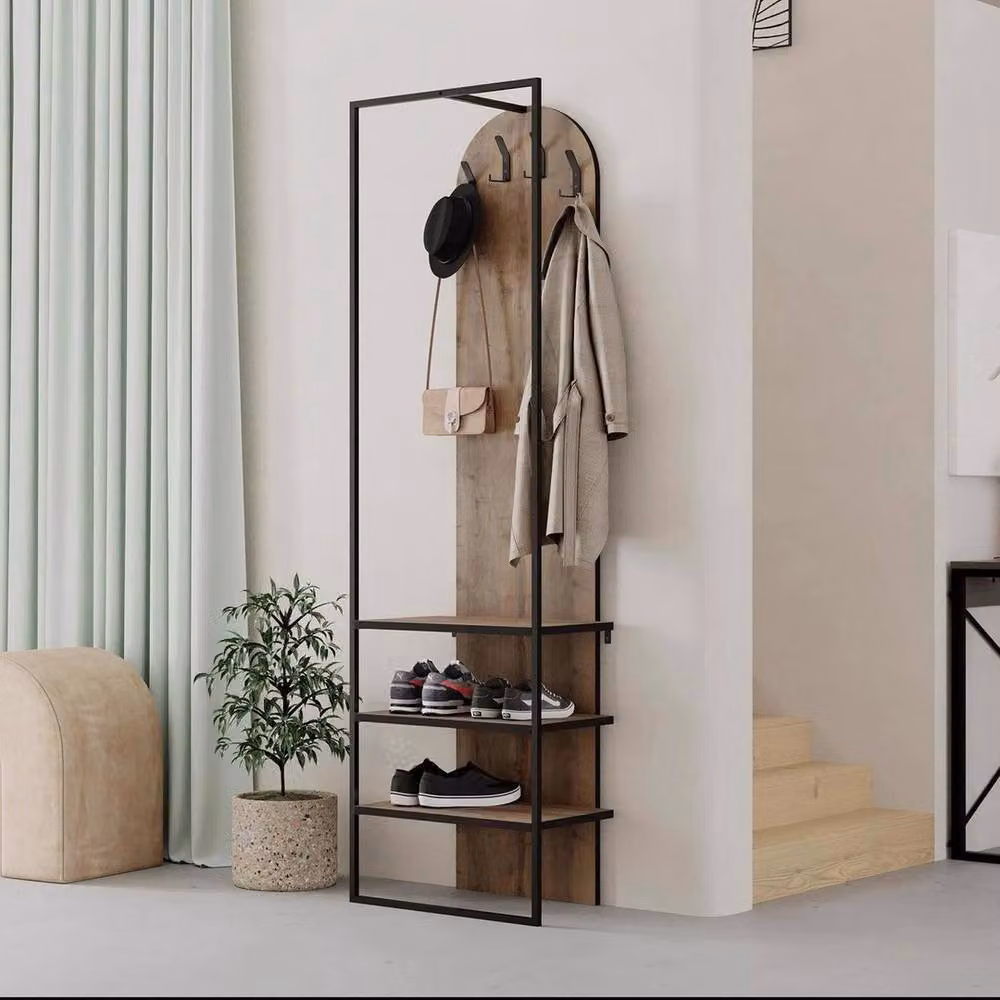 KORVIXA Industrial Dark Oak Hall Stand with Shoe Rack and Hanging Rod in Black, Width: 90 cm – 3